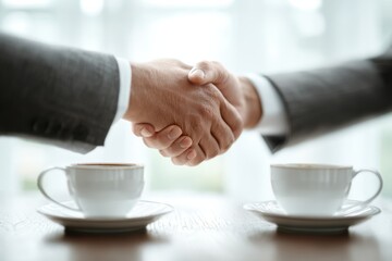 Business meeting with coffee and handshake modern office professional environment collaborative atmosphere