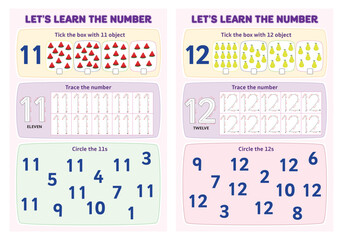 Learn the number 11-12 tick the box, trace the number and circle the number worksheet