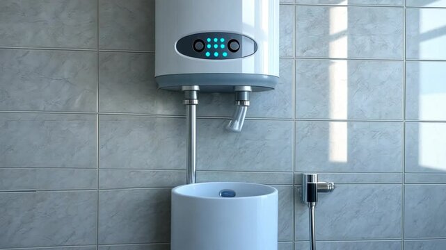 A white water heater with blue digital display mounted on gray tiled wall in a bathroom space