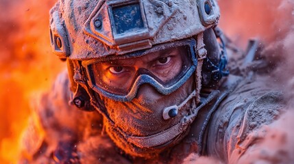 Soldier navigating through a fiery battlefield with intense focus during a military operation