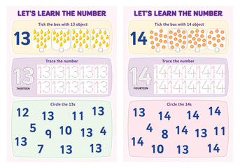 Learn the number 13-14 tick the box, trace the number and circle the number worksheet