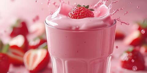 Strawberry smoothie creates a splash as a berry lands on top, showcasing vibrant colors and freshness