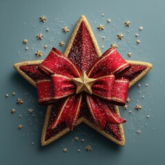 Holiday decoration featuring a large star adorned with red ribbon and scattered golden stars