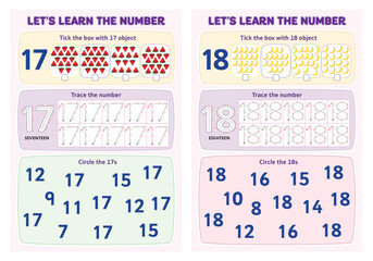 Learn the number 17-18 tick the box, trace the number and circle the number worksheet