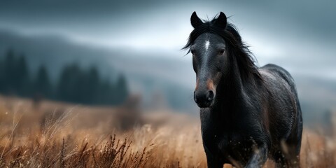 Majestic black horse galloping through a golden field at dusk with a scenic mountain backdrop