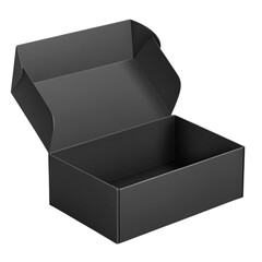 Open black cardboard box mockup for product packaging and delivery service presentation design template on transparent background
