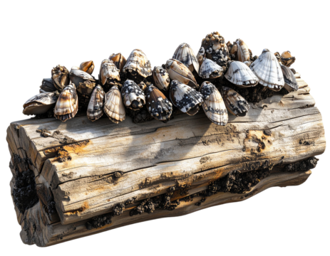 3D Render of Group of Barnacles on Driftwood Fragment, isolated on transparent background PNG