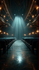 Elegant theater interior with dramatic lighting and empty seats prepares for a captivating performance