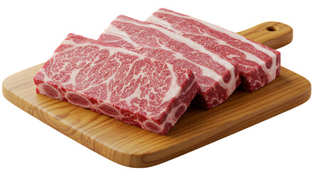 Four raw beef short ribs with visible marbling and bone presented on a wooden cutting board isolated on white background