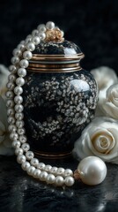 Elegant black urn with floral design, surrounded by white roses and a pearl necklace on a dark textured backdrop