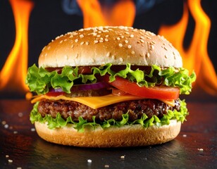 Delicious gourmet burger on a dark stone surface with flames