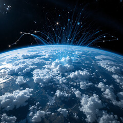 Earth floating in space near the sun with clouds and stars