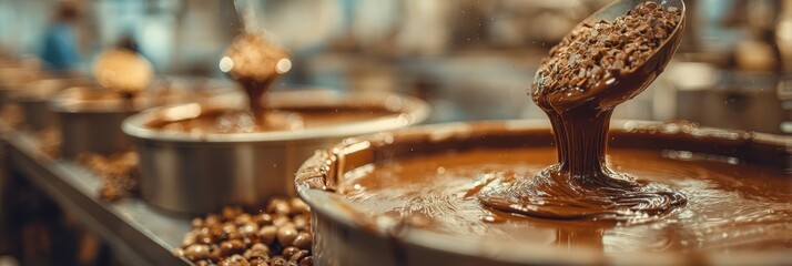 Chocolate production process in a factory showcasing melted chocolate and cocoa beans