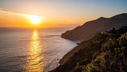 Dramatic sunset over coastal hills