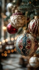 Holiday decorations with ornate ornaments hanging on a Christmas tree in a cozy, well-lit indoor setting during the festive season