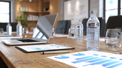 Conference room table with open laptops, charts, and water bottles arranged for business meeting