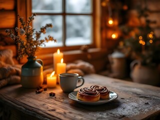 Skandinavisches Hygge-Winterfrühstück bei Kerzenschein