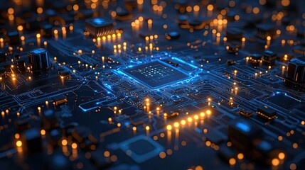 Quantum Circuit Board Design showing glowing blue pathways and nodes representing advanced digital quantum computing themes
