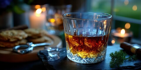 Enjoying a glass of whiskey with ice beside a warm candlelit ambiance and delicious snacks in the evening