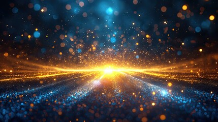 Radiating blue and gold light burst, glowing abstract energy background with vibrant futuristic motion
