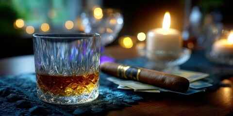Whiskey glass with cigar and candle on a wooden table during a cozy evening at home