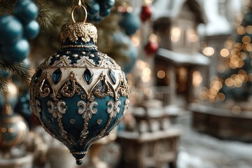 Beautifully crafted blue holiday ornament hanging on a tree surrounded by festive decorations in a snowy outdoor setting