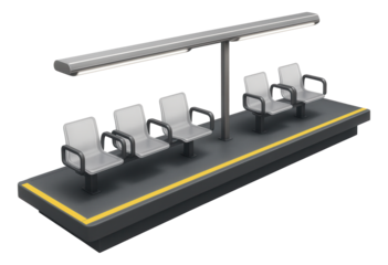 Island tram platform with overhead lighting and seating benches