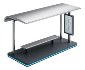 Side tram platform with canopy and vertical route map signage