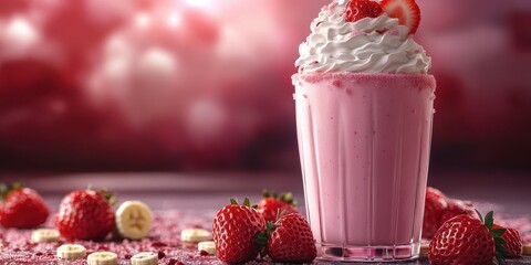 Strawberry milkshake topped with whipped cream and fresh berries on a wooden table