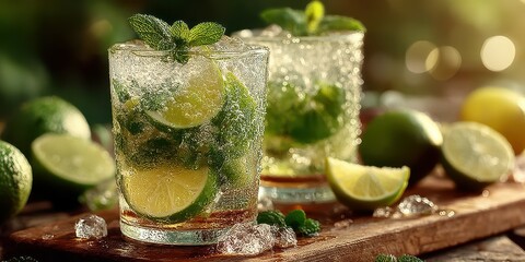 Refreshing mojito drinks served with fresh mint and lime in a sunlit outdoor setting