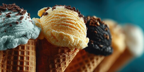 Variety of colorful ice cream cones displayed close up in bright lighting, ready to enjoy on a warm day in a dessert shop