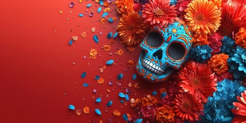 Colorful skull surrounded by vibrant flowers symbolizes tradition during a cultural celebration