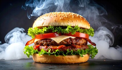 Delicious juicy burger with smoke