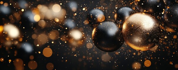 Black and golden balloons surrounded by confetti on a dark shimmering background, providing a sophisticated and festive atmosphere with space for custom text. Created with, Generative AI