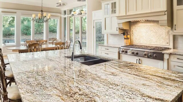 Modern kitchen showing granite countertops and hardwood floor
