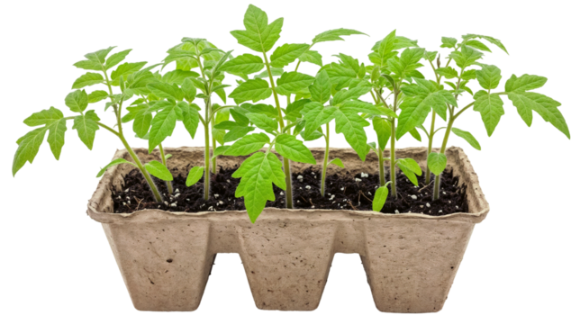 small green tomato seedlings growing in a cardboard planter