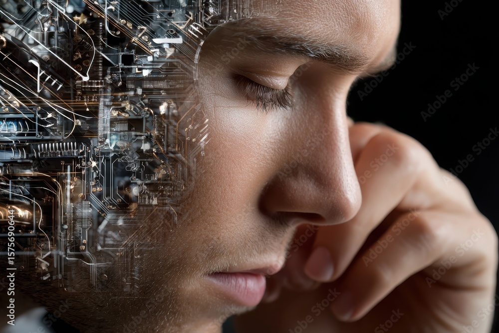 Poster man deep in thought with a digital circuit pattern blending into his face at a creative studio