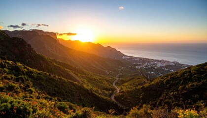 Dramatic sunset over mountain valley