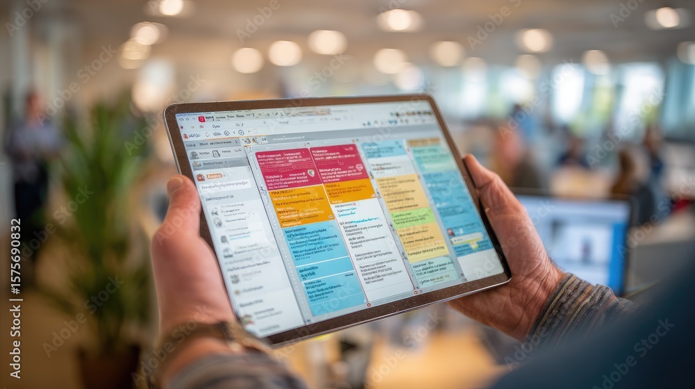 Poster digital planning tool on tablet screen showing team calendar and group assignments