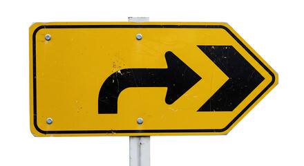 Yellow directional road sign with black arrows indicating a sharp curve to the right and a straight direction isolated on white background