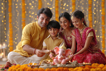happy indian family celebrating ganesh chturthi festival at home