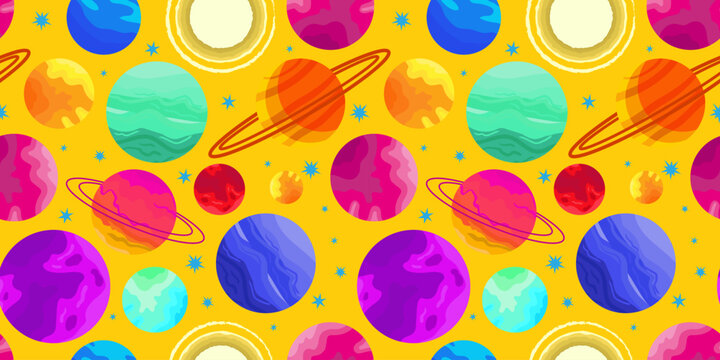 cute outer space seamless pattern with multicolored planets and stars on bright yellow background for kids textile poster design