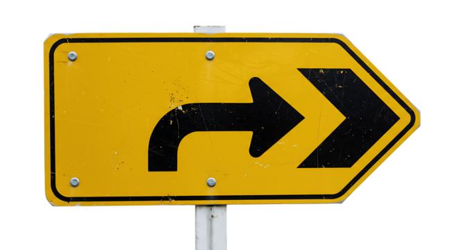 Yellow directional road sign with black arrows indicating a sharp curve to the right and a straight direction isolated on white background