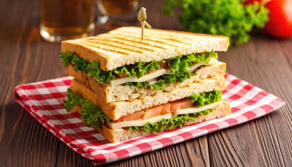 Delicious layered sandwich on checkered napkin
