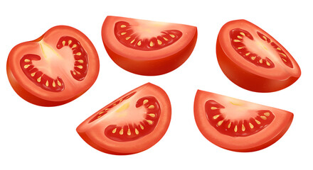 Five realistic slices of ripe red tomato with visible seeds and juicy pulp isolated on white background