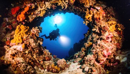 Diver in a coral reef hole