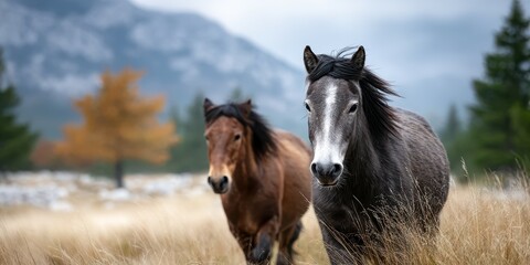 Horses roam freely in a picturesque meadow surrounded by mountains and trees during a cloudy day