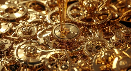 Golden liquid pouring onto intricate gears and cogs creating a complex mechanical system view