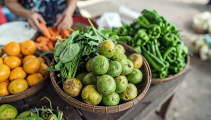 Close up fruit and vegetables in baskets at market, fresh organic vegetables. 