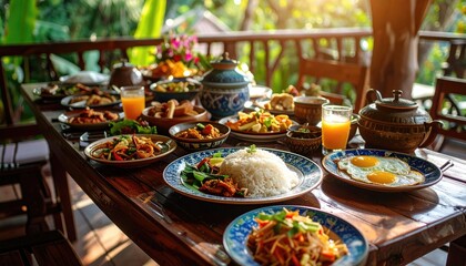 Diverse Asian dishes on wooden table outdoors